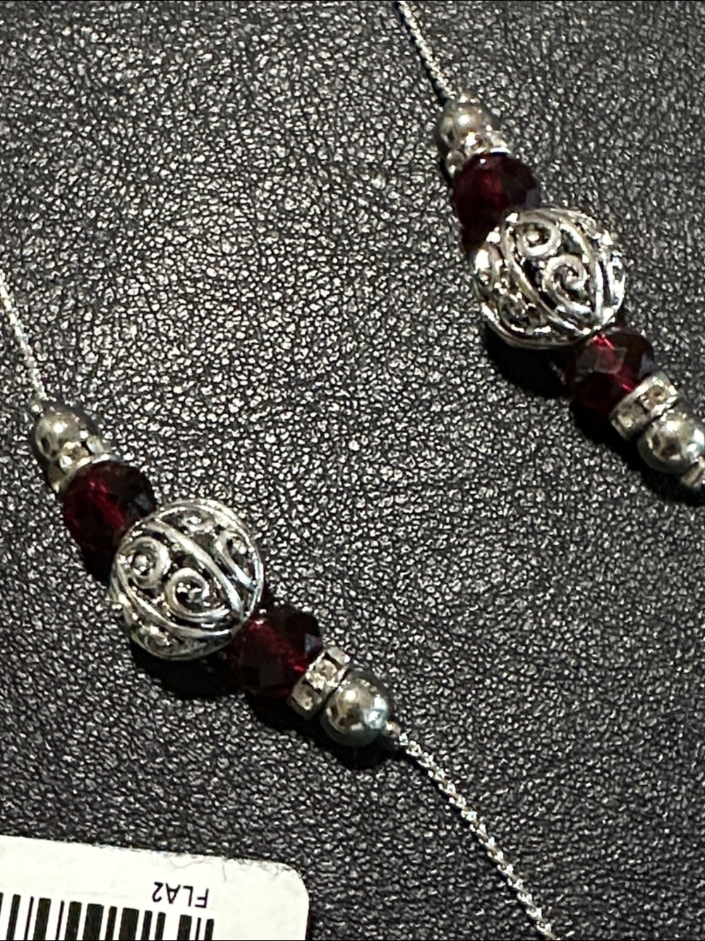Scroll and Dots Faceted Red Crystal Silver Tone Long Necklace - Picture 8 of 13